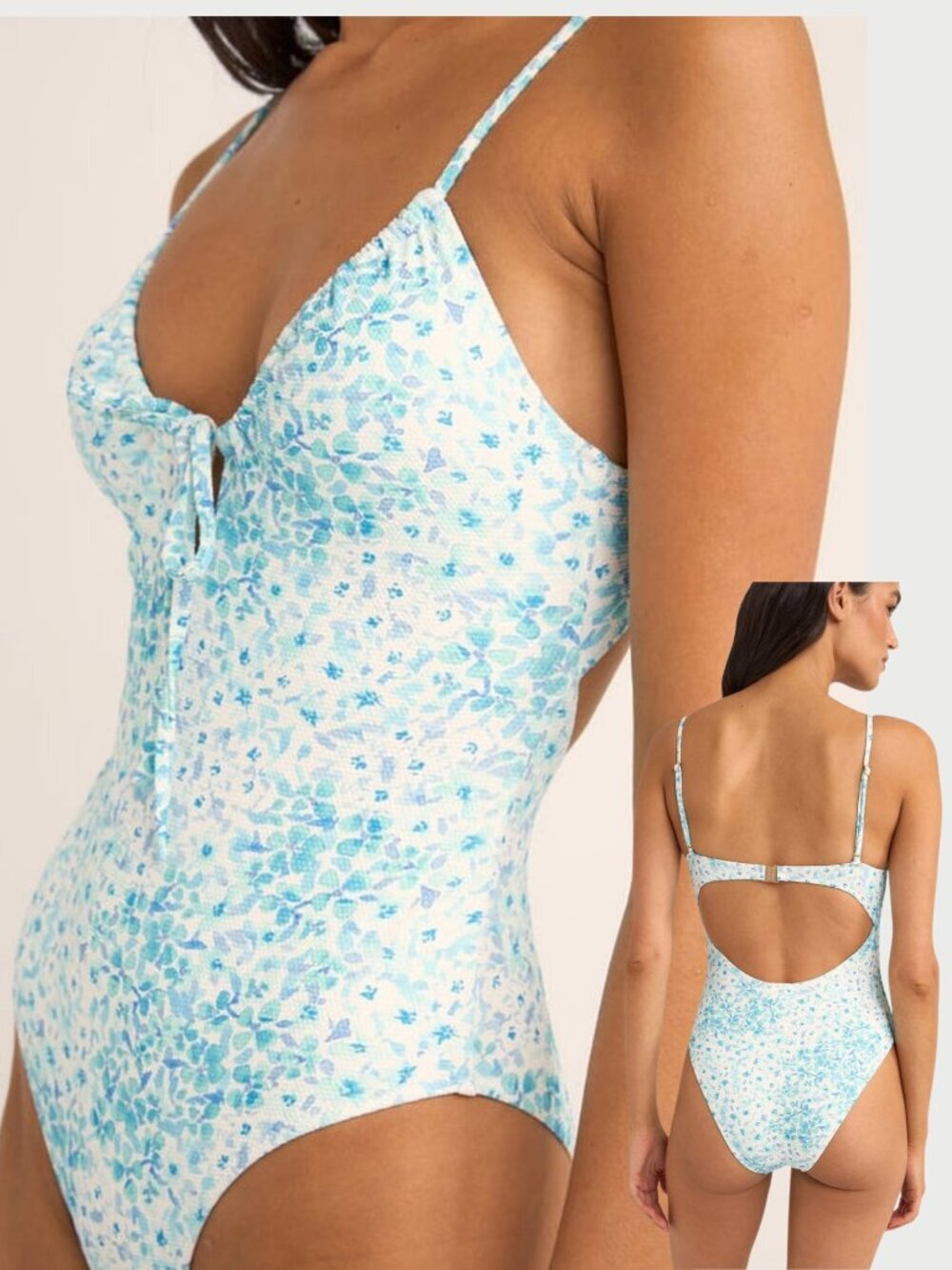 Rhythm Serenity Floral Tie Front One Piece Swimsuit - Blue / White - Size Small